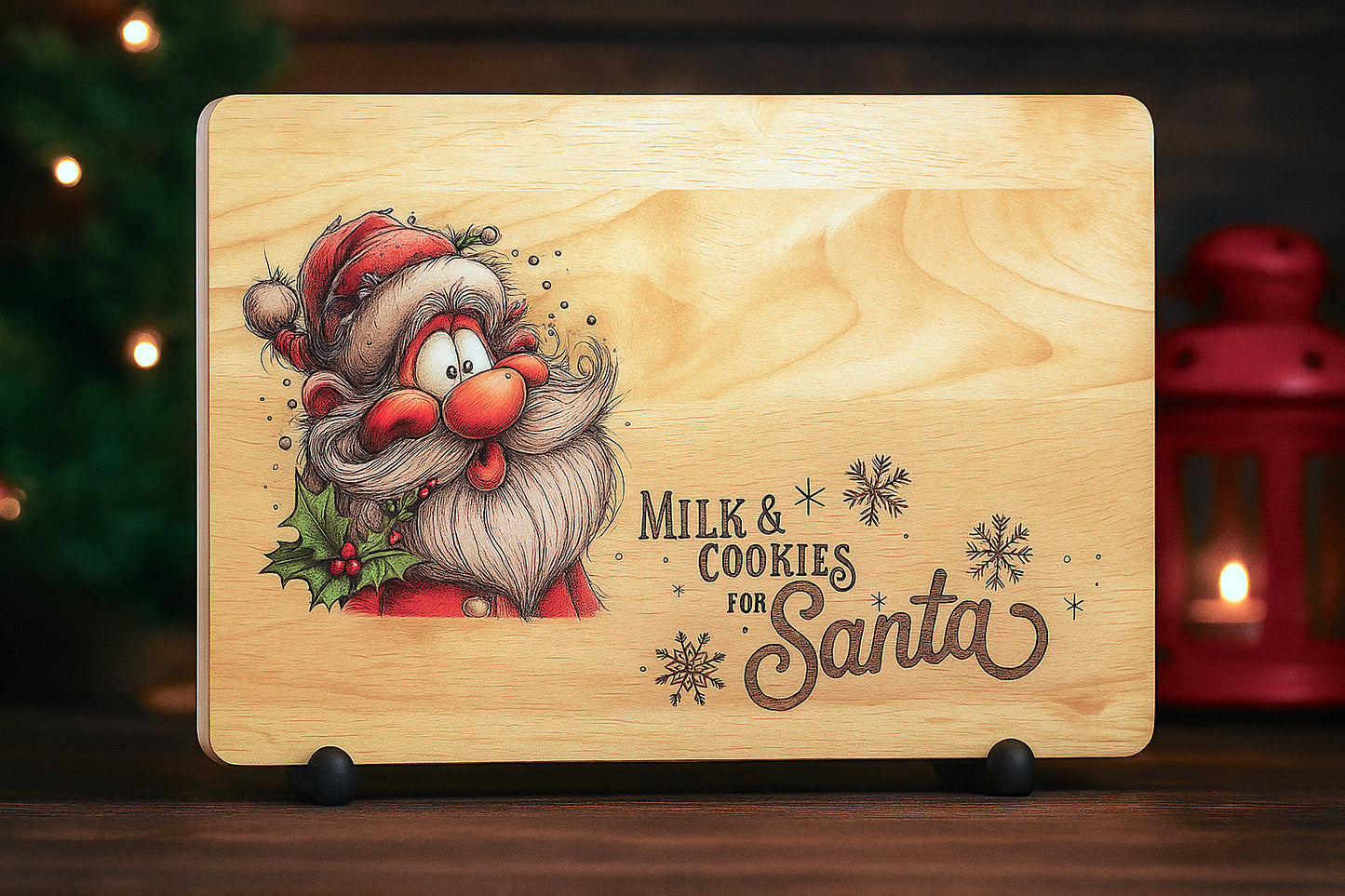 Wooden board with Santa Claus illustration and 'Milk & Cookies for Santa' text, Christmas lights and lantern in the background.