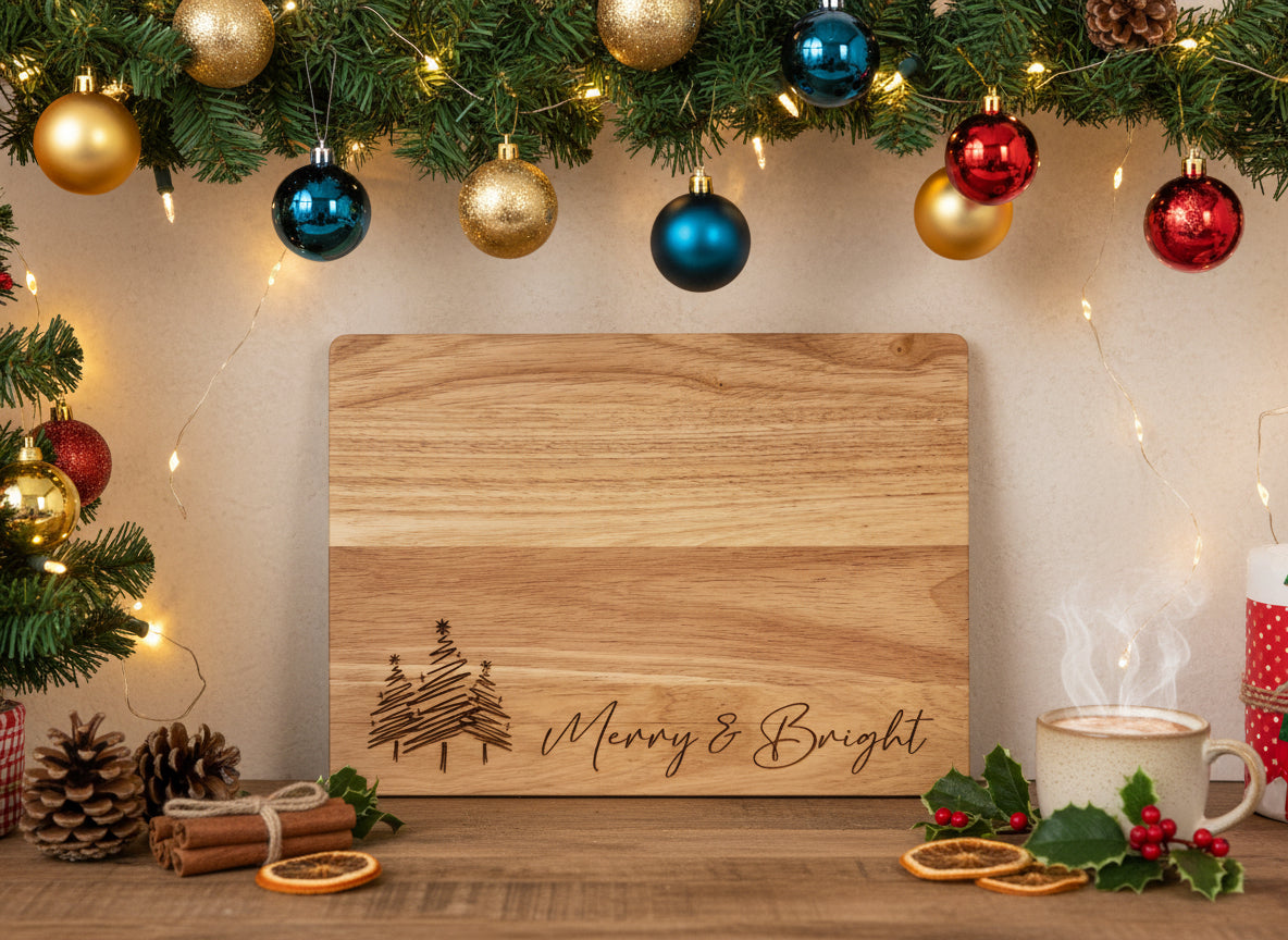 Wooden cutting board with Christmas tree design and 'Merry & Bright' text on a white background