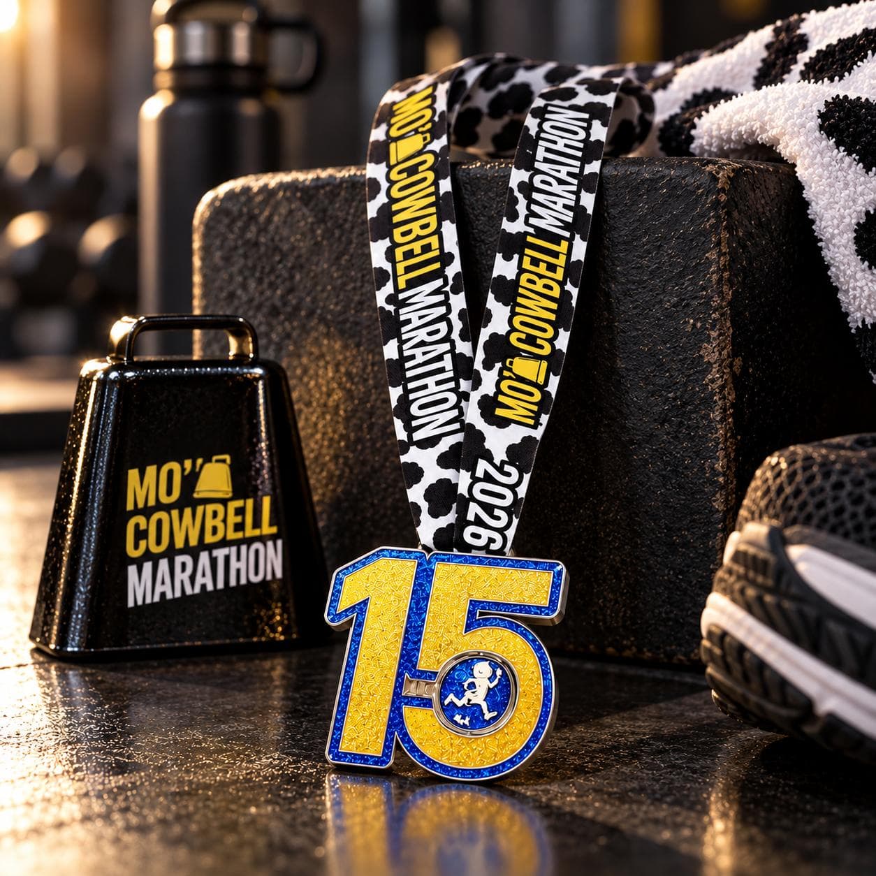 MO’ Cowbell Marathon 2026 finisher medal with race-day gear