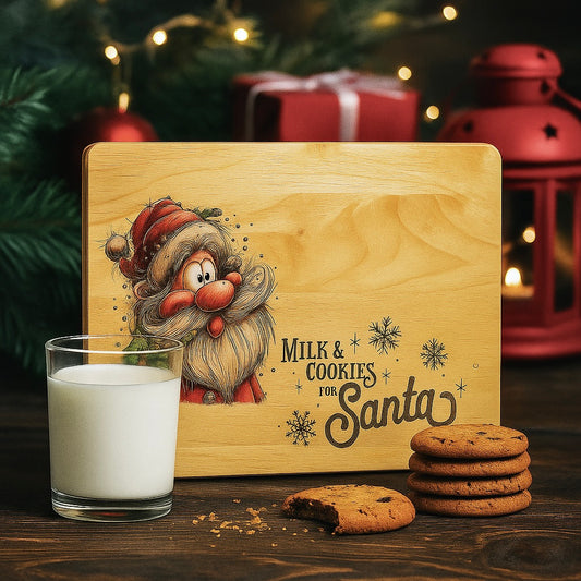 Wooden board with Santa illustration and text 'Milk & Cookies for Santa', glass of milk, cookies, Christmas decorations in the background.